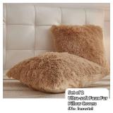 LIFEREVO 2 Pack Fluffy Faux Fur Pillow Shams,18 x 18 Inches Throw Pillow Covers,Luxury Decorative Furry Pillowcases Cushion Cover for Christmas,Zipper Closure,No Pillow Insert, Camel - Retail: $16