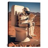 Framed Astronaut Wall Art Space Culture Painting Pictures Wall Decor Colorful Funny Astronauts On The Toilet Canvas Artwork Space Boys Room Home Decor For Bedroom Living Room Office 12\" X16 - Retail: