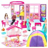 Style Shine Doll House Portable & Foldable Dollhouse w/ 60+ Pcs & 2 Dolls, Play House Toy with Bedroom Kitchen Pet House Camping Playset, Playhouse Birthday Gift for Girl Kid Toddler - Retail: $50
