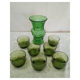 Green Glass Dessert Set with Textured Vase