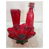 Red Glass Decorative Bowl Set with Bottles