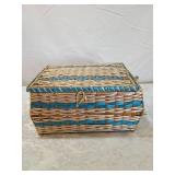 Blue and White Wicker Sewing Basket with Contents