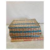 Blue and White Wicker Sewing Basket with Contents
