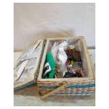 Blue and White Wicker Sewing Basket with Contents