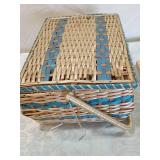 Blue and White Wicker Sewing Basket with Contents