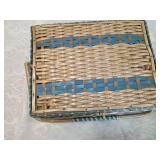 Blue and White Wicker Sewing Basket with Contents