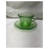 Green Depression Uranium Glass Tea Cup and Saucer Set