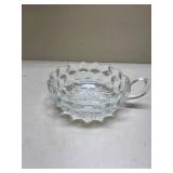 Clear Glass Cubist Pattern Nappy Dish with Handle Glows with Magnesium under UV 365nm