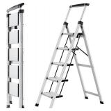 Retails for $135! XinSunho 5 Step Ladder, Retractable Handgrip Folding Step Stool with Anti-Slip Wide Pedal, Aluminum Stool Ladders 5 Steps, 330lbs Safety Household Ladder