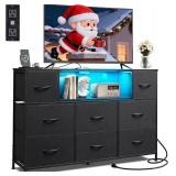 WLIVE Black Dresser TV Stand for 45, 50, 55 inch TV, Entertainment Center with LED Lights & Charging Station, Chest of Drawers with 8 Fabric Drawers and Open Shelves for Living Room, Hallway, Wood Top
