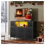 WLIVE Black Dresser TV Stand for 45, 50, 55 inch TV, Entertainment Center with LED Lights & Charging Station, Chest of Drawers with 8 Fabric Drawers and Open Shelves for Living Room, Hallway, Wood Top