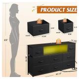 WLIVE Black Dresser TV Stand for 45, 50, 55 inch TV, Entertainment Center with LED Lights & Charging Station, Chest of Drawers with 8 Fabric Drawers and Open Shelves for Living Room, Hallway, Wood Top
