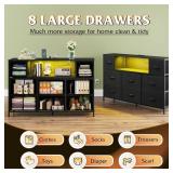 WLIVE Black Dresser TV Stand for 45, 50, 55 inch TV, Entertainment Center with LED Lights & Charging Station, Chest of Drawers with 8 Fabric Drawers and Open Shelves for Living Room, Hallway, Wood Top