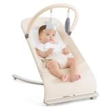 3-in-1 Portable Baby Bouncer & Rocker Chair for Newborn to Toddler - 4 Adjustable Recline Positions, Breathable Cotton Fabric, Natural Vibration, Supports Up to 33 lbs (Oatmeal Khaki)