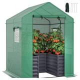 Retails for $143! Outsunny Greenhouse with Raised Garden Bed, 56" x 56" x 75" Galvanized Steel Planter Box with PE Cover, Roll Up Door and Windows, Outdoor Greenhouse for Flowers Vegetables, Dark Gray