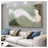 Retails for $110! Framed Abstract Wall Art Room Decor Aesthetic Green White and Gold Lines Boho Canvas Wall Decor Artwork Modern Home Wall Decor for Living Room Bedroom Office Decor 24"x48"