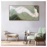 Retails for $110! Framed Abstract Wall Art Room Decor Aesthetic Green White and Gold Lines Boho Canvas Wall Decor Artwork Modern Home Wall Decor for Living Room Bedroom Office Decor 24"x48"