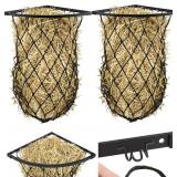2 Set Wall Hay Feeder with Net Corner Hay Rack Black Corner Hay Feeder Frame with Slow Feed Hay Net for Horses Goat
