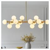 Retails for $180! 16-Light Globe Sputnik Chandelier, Mid Century Modern Light Fixture Over Table, Brass Gold Linear Chandeliers for Dining Room and Kitchen Island (Milk White Glass Bubble Shades, 40 I