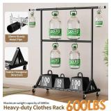 Luxspire Heavy Duty Clothes Rack Load 600 LBS, Double Rod Clothing Rack, Rolling Garment Racks with Lockable Wheels, Shelves, Adjustable Laundry Hanging Racks for Clothes, Black