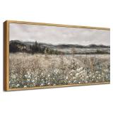 SHENIFY 20x40in Extra Large Vintage Framed Wall Art Meadow with Flowers Landscape Painting Retro Scenery Farmhouse Bedroom Above of Bed Living Room Decor - Natural Framed