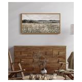 SHENIFY 20x40in Extra Large Vintage Framed Wall Art Meadow with Flowers Landscape Painting Retro Scenery Farmhouse Bedroom Above of Bed Living Room Decor - Natural Framed