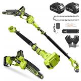Retails for $110! Electric Pole Saws for Tree Trimming, 8 Inch & 6 Inch Mini Chainsaw Cordless with Extension Pole, 16Ft Reach, 2x4.0Ah Battery, Auto Oiling, Tool-Free Chain Tensioning, Tree Trimmer f