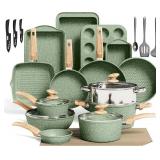 Retails for $200! Kitchen Academy Pots and Pans Set Nonstick, 30 Pieces Induction Kitchen Cookware and Bakeware Sets, Green Granite Coating Cooking Pans Set