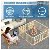Retails for $120! Foldable Wooden Baby Playpen with Gate, Wood Baby Play Pen Play Yard with Educational Abacus, Alphabet Board, Shape Color Board & Child Proof Lock, Wood Playpen for Babies and Toddle