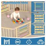 Retails for $120! Foldable Wooden Baby Playpen with Gate, Wood Baby Play Pen Play Yard with Educational Abacus, Alphabet Board, Shape Color Board & Child Proof Lock, Wood Playpen for Babies and Toddle