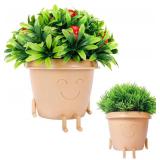 Cute Flower Pots, 2 Pack Smile Face Plant Pots, 3.5 Inch Plastic Succulent Pots with Drainage, Unique Indoor Planter for Violets/Herbs, Funny Sitting Pot for Plant Lover Gift (Beige)