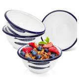 Set of 4 Enamel Bowls, 16 Oz Classic Round Cereal Bowl with Blue Rim, Vintage Enamelware for Salad, Soup, Fruit, Oatmeal