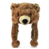 Puzzled Brown Grizzly Bear Hat - Soft Plush Animal Beanie with Ear Flaps, Cozy Fleece, Warm Winter Hat for Kids, Teens, Adults - One Size - Retail: $24