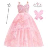 Pink Witch Costume for Girls with Crown and Wand, Halloween Costume for Kids, The Good Witches Princess Dress Up (9-10 Years) - Retail: $25