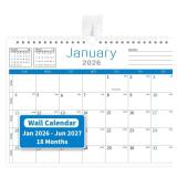 Calendar 2026-2027, 18 Months Wall Calendar From January 2026 To June 2027 with Julian Dates, 14.7 x 11" Thick Paper with Black Blocks For New Year Christmas Gifts (Blue) - Retail: $8"