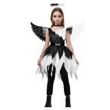 Spooktacular Creations Child Twisted Angel Costume, Girls Half Angel Half Devil Dress, Kids Outfit Set with Wings and Headband for Halloween Party Role Play, L - Retail: $27