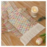Boho Spring Table Runner Colorful for Easter Decorations 12x72 Inches Farmhouse Small Macrame Woven Burlap Rustic Coffee Dresser Table Runner Dining Kitchen Centerpiece Bohemian Decor - Retail: $12