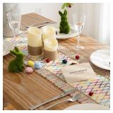 Boho Spring Table Runner Colorful for Easter Decorations 12x72 Inches Farmhouse Small Macrame Woven Burlap Rustic Coffee Dresser Table Runner Dining Kitchen Centerpiece Bohemian Decor - Retail: $12