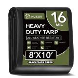Tarp Waterproof 8x10Ft, Extra Thick 16 Mil Heavy Duty Tarp Cover, Tear & Fade Resistant, Outdoor Tarps with Brass Grommets and Reinforced Edges for Roof, Camping, Patio, Boat (Black/Green) - Retail: $
