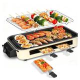 Electric Indoor Grill 1500W, YOHAWJAN 2 in 1 Smokeless Indoor Grills with Non-stick Removable Grill & Griddle Plate, Temperature Control, Portable Korean BBQ Grill with 3 Raclette Cheese Pans - Retail