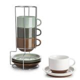 8 Ounce Cappuccino Cups Set of 4, Porcelain Stackable Coffee Cups with Saucers and Metal Stand, Multicolor - Retail: $45