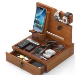 Wood Phone Docking Station, Nightstand Organizer with Drawer, Bedside Table Organizer for Watch & Accessories, Christmas Anniversary Birthday. - Retail: $40