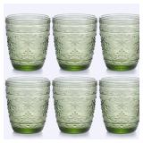 6Pcs Green Drinking Glassware, 10oz Drinking Glasses, Heavy Duty Glass Cups, Colored Embossed Glasses Set for Party Wedding Home Office Glassesware Gift - Retail: $28