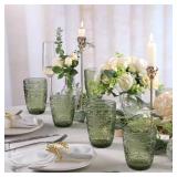 6Pcs Green Drinking Glassware, 10oz Drinking Glasses, Heavy Duty Glass Cups, Colored Embossed Glasses Set for Party Wedding Home Office Glassesware Gift - Retail: $28