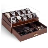KAMIER Watch Box for Men, 10 Slots Mens Watch Case with Glass Lid, Watch Display Case With Drawer, 2-Layer Watch Holder Organizer, Jewelry and Watch Storage for Men Women, Walnut