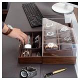 KAMIER Watch Box for Men, 10 Slots Mens Watch Case with Glass Lid, Watch Display Case With Drawer, 2-Layer Watch Holder Organizer, Jewelry and Watch Storage for Men Women, Walnut