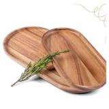 SPEShh Acacia Wooden Serving Trays Set of 2 - Rectangular Oval Shaped Wood Plates for Charcuterie Cheese Bread Fruit Vegetable Dip Sushi - Rustic Serving Platter Shallow Dishes -14x7 & 11x5.5 In.