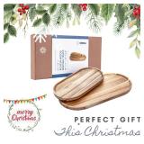 SPEShh Acacia Wooden Serving Trays Set of 2 - Rectangular Oval Shaped Wood Plates for Charcuterie Cheese Bread Fruit Vegetable Dip Sushi - Rustic Serving Platter Shallow Dishes -14x7 & 11x5.5 In.