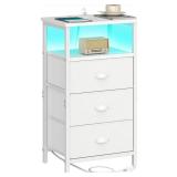 Nightstand with Charging Station,LED White Nightstand with 3 Fabric Drawers PU Finish, Bedside End Tables, 2-Tier Open Storage Shelf Side Table Nightstand with Drawers for Bedroom,White