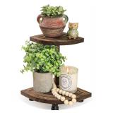 Tikea Decorative Wood Riser for Display, 2-Tier Rustic Corner Shelf for Kitchen Bathroom Counter Decor, Farmhouse Riser for Soap Dispenser and Plant (Brown)